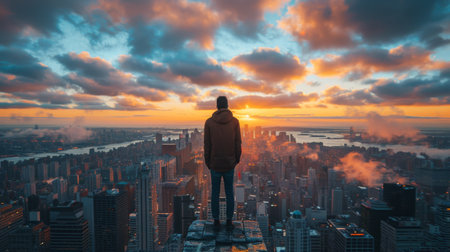 A man standing confidently on the rooftop of a tall building, overlooking the city below.の素材
