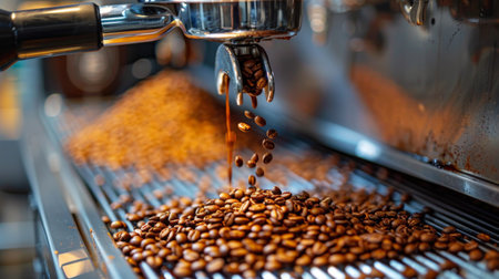 Freshly brewed coffee being poured into a metal pot on a moving conveyor belt in a production facility.の素材