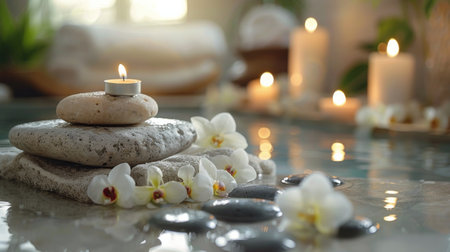 A candle placed atop several rocks in a simple arrangement.の素材