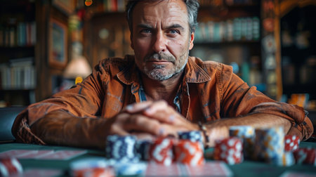 A man is seated at a table, surrounded by a large number of chips.の素材
