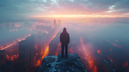 A man standing confidently on the rooftop of a tall building, overlooking the city below.の素材