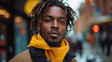 A man with dreadlocks stands in front of a tall building.の素材