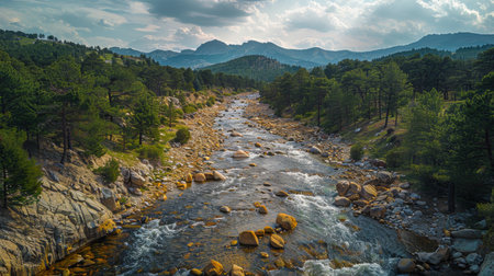 A river flows through a dense green forest, surrounded by vibrant vegetation and tall trees.の素材