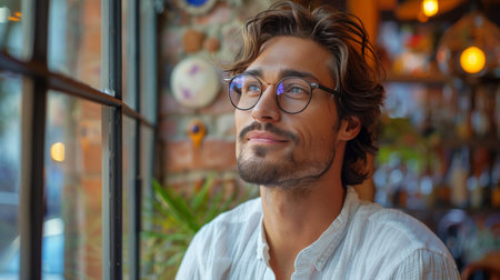 A man wearing glasses is gazing out of a window, deep in thought and contemplation.の素材