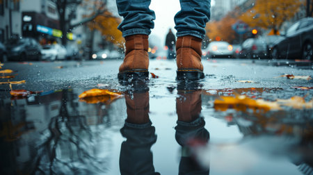 A person standing on a wet sidewalk under the rain.の素材