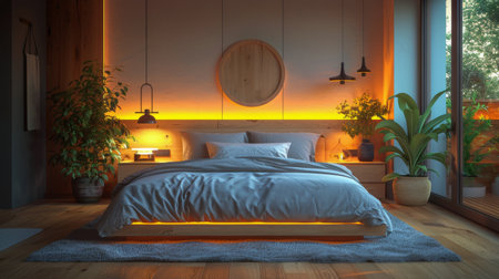 A simple bed sits next to a window in a bedroom, with sunlight streaming in.の素材