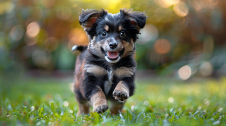 A small dog is energetically running through a lush field of tall grass under a sunny sky.の素材