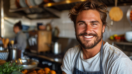 A man with a beard is smiling in a kitchen setting.の素材