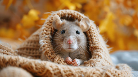 A small mouse with round ears and whiskers peeking out from under a cozy blanket.の素材