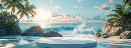 A beach with tall palm trees swaying in the wind, waves crashing on the shore under a clear blue sky.の素材