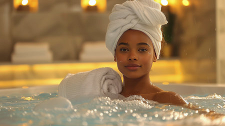 A woman is sitting in a swimming pool with a towel wrapped around her head.の素材