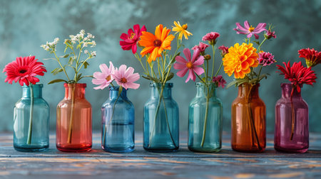 A row of vibrant vases filled with assorted flowers arranged neatly, showing a variety of colors and shapes.の素材