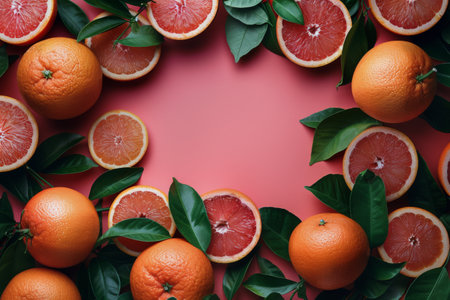 A cluster of grapefruits with green leaves arranged neatly on a pink background.の素材
