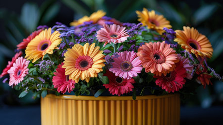 A yellow planter brimming with an assortment of vibrant and diverse flowers in full bloom.の素材