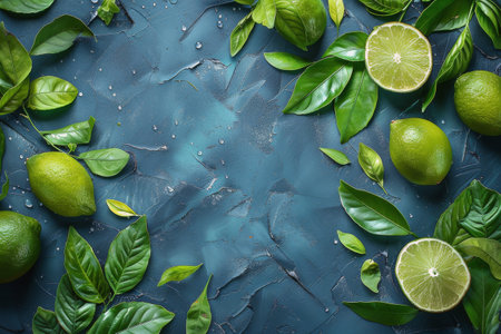 Fresh limes and green leaves arranged on a vibrant blue background for a striking contrast and colorful composition.の素材