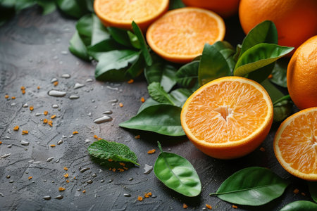 A cluster of ripe oranges sits atop vibrant green leaves, creating a colorful contrast in a natural setting.の素材
