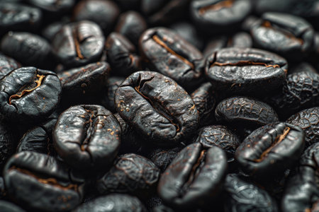 A heap of rich brown roasted coffee beans, reflecting light with their glossy surfaces.の素材