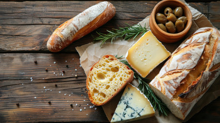 Various types of bread and cheese displayed on a rustic wooden table.の素材