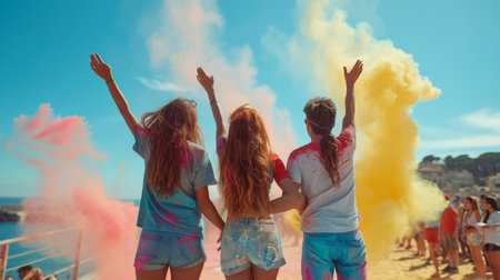 A gathering of young individuals standing next to each other in a group, showing unity and friendship.の素材