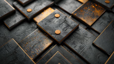 Black and gold abstract background featuring squares and dots in a geometric pattern.の素材