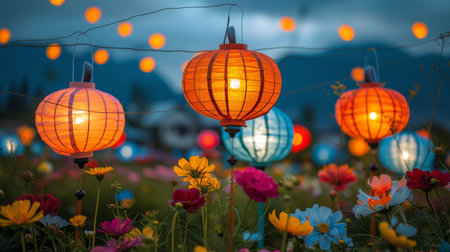 A field filled with vibrant flowers and colorful paper lanterns hanging overhead, creating a festive and lively atmosphere.の素材