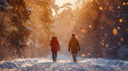 A couple walking through a snowy landscape while holding hands.の素材