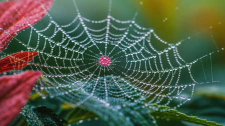 Detailed view of a spider web intricately woven on a tree branch, showing the delicate design of nature.の素材