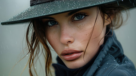 A woman is dressed in a brown hat and scarf.の素材