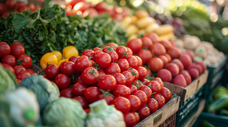 Fresh vegetables of different colors and shapes are neatly arranged and on display at a vibrant market.の素材
