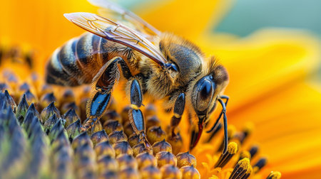A bee is perched on a vibrant sunflower, collecting nectar from the flower.の素材