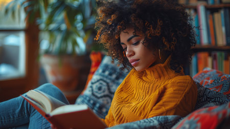 A woman sitting comfortably on a couch, engrossed in a book.の素材