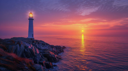 A lighthouse stands on a cliff with the ocean in the background.の素材