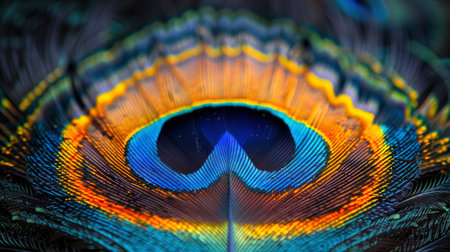 A detailed view showing the vibrant and intricate plumage of a peacocks tail feathers.の素材