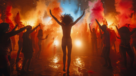 A group of people standing together, looking at a colorful firework in the sky. The fireworks display is bright and vibrant.の素材