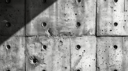 A black and white depiction of a solid concrete wall with various textures and patterns, creating a stark and industrial atmosphere.の素材