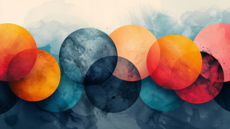 An abstract painting featuring a variety of circles displayed on a wall.の素材