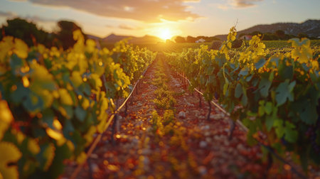 The sun sets in the background, casting a warm glow over the rows of vines in a vineyard.の素材