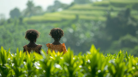 Two young girls are seated in a field filled with vibrant yellow flowers, enjoying the sunshine and nature around them.の素材