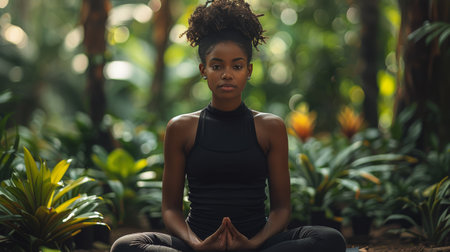 A woman sits in a yoga position amidst the trees and foliage of a forest.の素材