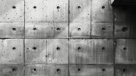 A black and white depiction of a solid concrete wall with various textures and patterns, creating a stark and industrial atmosphere.の素材