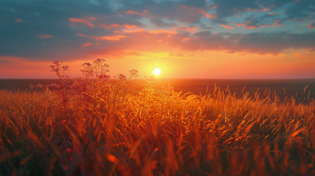 The sun is setting behind a field of tall grass, casting long shadows and golden light over the landscape.の素材