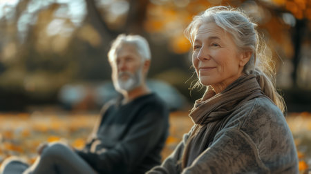 A man and a woman are seated on a bench in a park, enjoying the outdoors on a sunny day.の素材