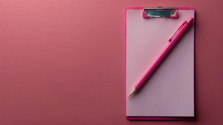 A white notepad and a black pen placed on a vibrant pink surface.の素材
