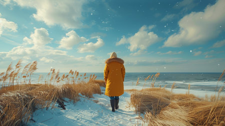 A person wearing a yellow coat is walking along the beach, with waves crashing in the background.の素材