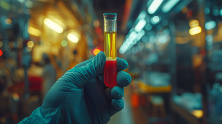 A man wearing a yellow suit holds two test tubes in his hands.の素材