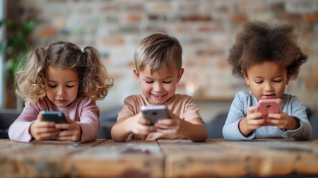 Three young girls sitting at a table, engrossed in their cell phones.の素材