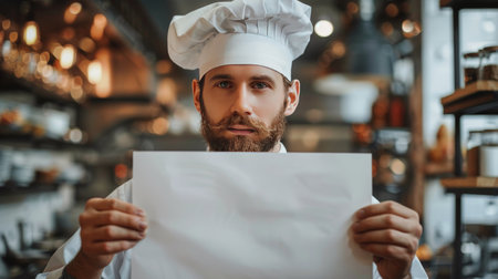 A man in a chefs uniform smiles while working in a kitchen.の素材