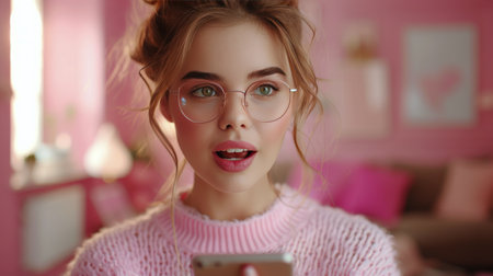 A woman wearing glasses is focused on her cell phone screen, scrolling and reading messages.の素材