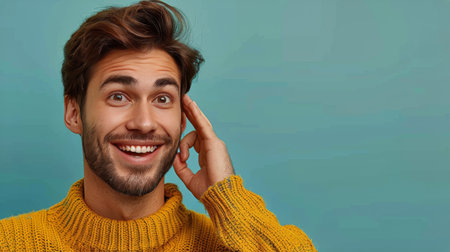 A man wearing a yellow sweater is holding a cell phone to his ear.の素材
