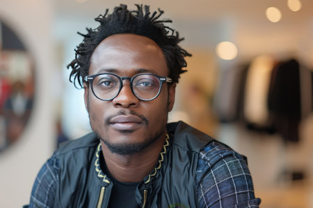 A man wearing glasses is sitting in front of a laptop computer, focused on his work.の素材
